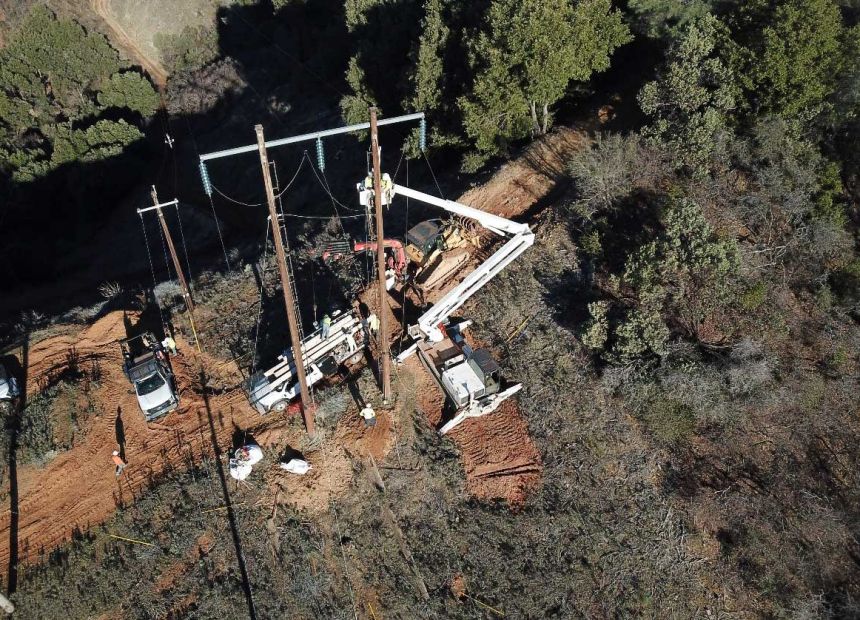 Aerial view of transmission line work